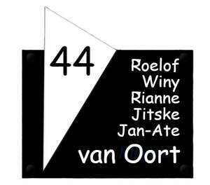 Naambord zwart met cijferplaat Perspex